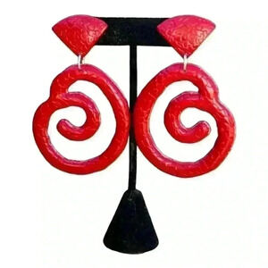Vintage 80s red molded plastic dangle earrings with post